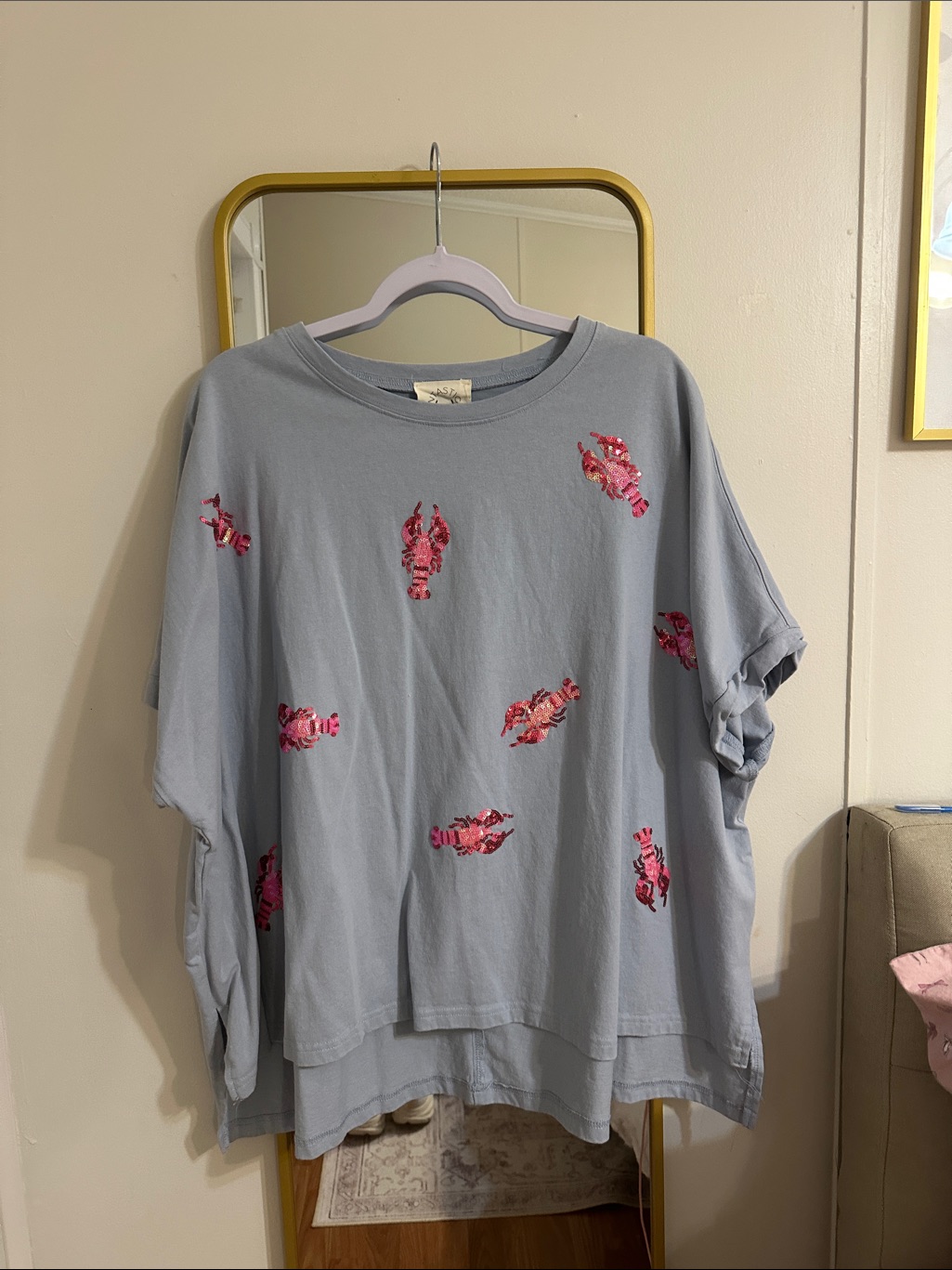 Fantastic Fawn Light Blue Tee With Pink Sequin Lobster Details
